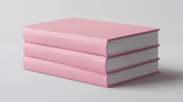 Three pink hardcover books stacked on a white background. photo