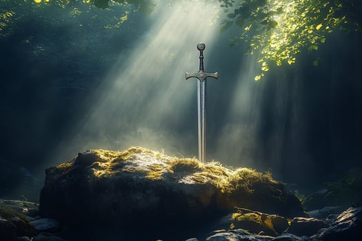 Mystical sword in sunlight, nestled on mosscovered rock in forest. photo