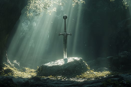 Mystical sword in stone, sunlit forest cave. photo