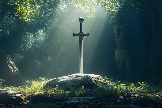 Majestic sword in stone, mystical forest scene. photo