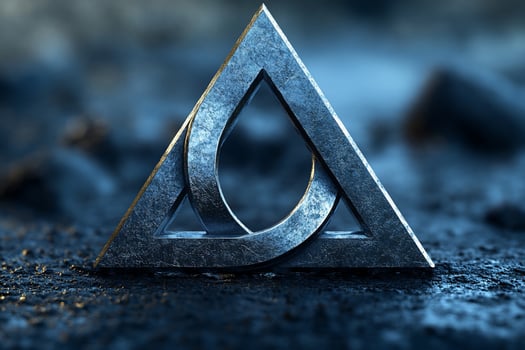 Metal triangle symbol with intertwined circle, dark background. photo