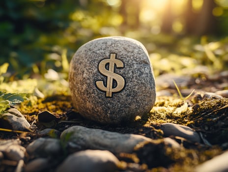 A stone with a dollar sign on it sits in a forest. photo