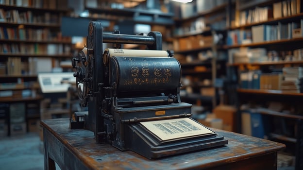 Antique printing press in a library setting. photo
