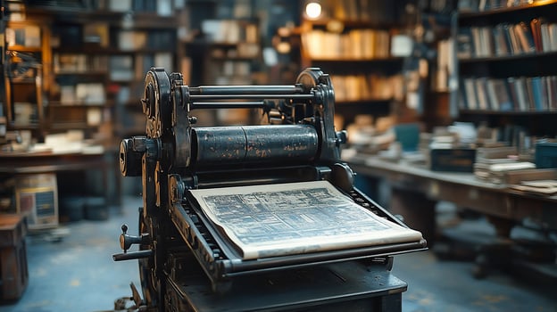 Vintage printing press in antique bookshop. photo