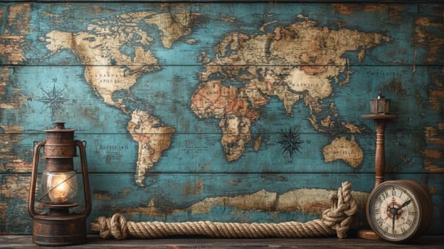 Vintage world map with lantern, clock, and rope. photo