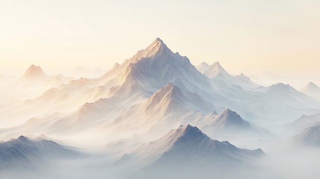 Misty mountain range at sunrise, serene landscape. photo