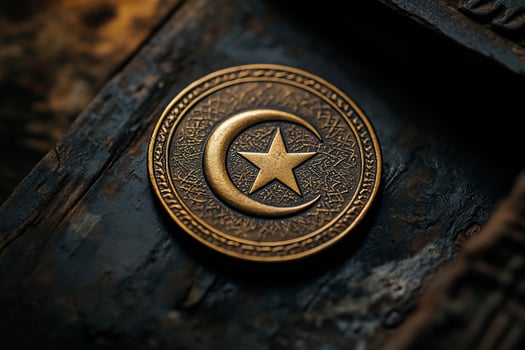 Closeup of a bronze coin featuring a crescent moon and star symbol resting on an antique wooden surface. photo