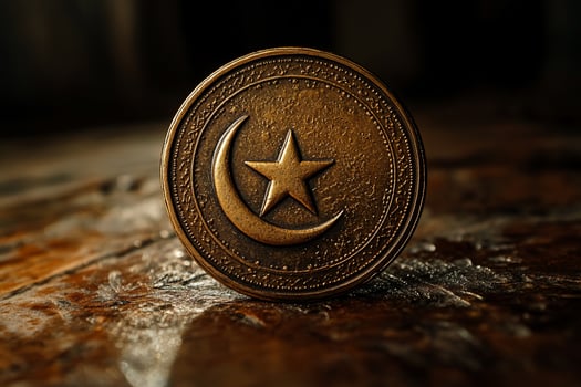Bronze coin with crescent moon and star on wooden surface. photo