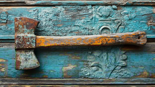 Rusty old axe on weathered turquoise wood. photo