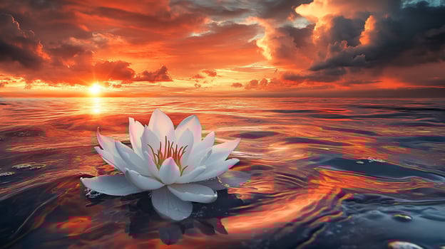 Serene white water lily floats on calm ocean at sunset. photo