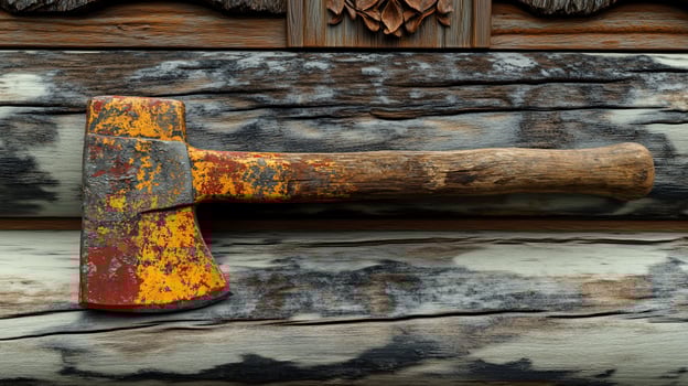 Rusty hatchet with wooden handle on weathered wood. photo