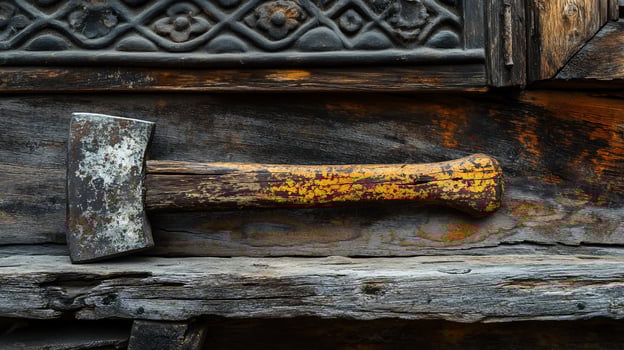 Rusty axe with worn yellow handle rests on aged wood. photo