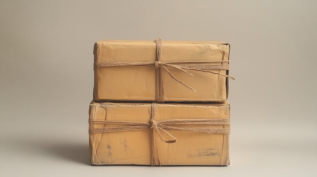 Two rustic, tied cardboard packages on a neutral background. photo