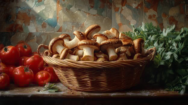 Basket of shiitake mushrooms with tomatoes and herbs. photo