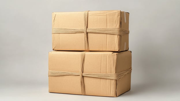 Two stacked cardboard boxes secured with beige straps against a white background. photo