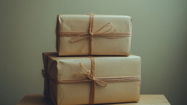 Two rustic brown gifts wrapped in kraft paper and tied with twine, sitting on a wooden surface. photo