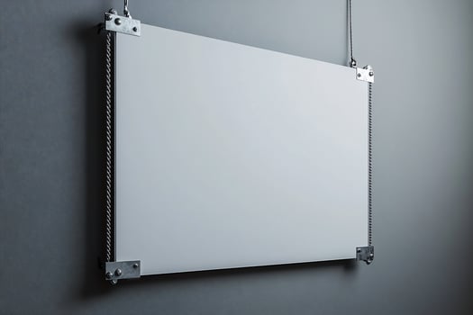 Blank white sign hanging on gray wall. photo