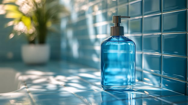 Blue liquid soap dispenser on blue tile countertop. photo
