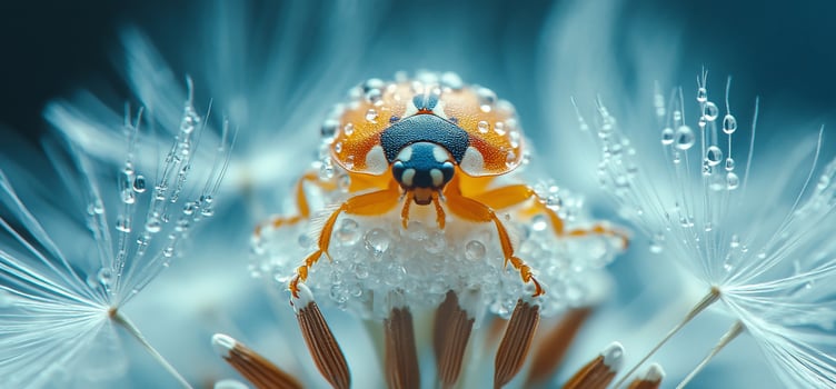 Dewcovered ladybug on a dandelion. photo
