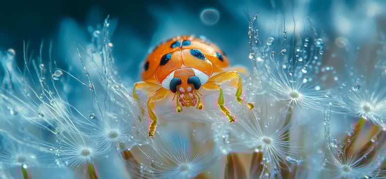 Orange ladybug on dewcovered dandelion seeds. photo