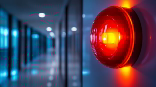 Glowing red emergency alarm button in a modern hallway. photo