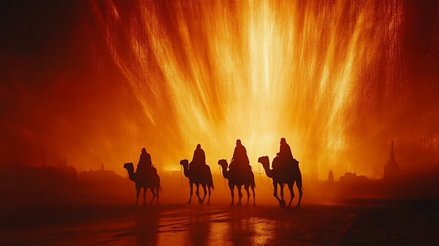 Three wise men silhouettes on camels at sunset. photo
