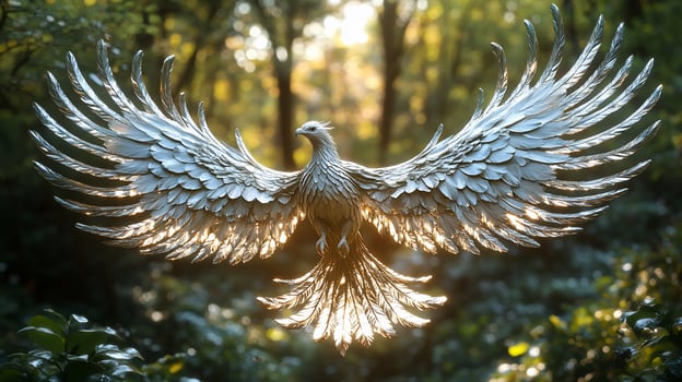 Silver phoenix sculpture in forest, wings spread, sunlight. photo