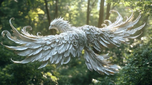 Majestic white bird with ornate wings in flight through sunlit forest. photo