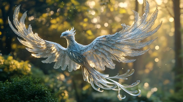 Majestic white phoenix soaring through a sunlit forest. photo