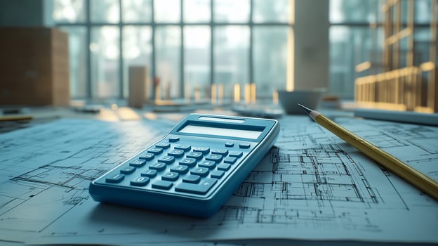 Calculator, pencil, and blueprints on desk. photo