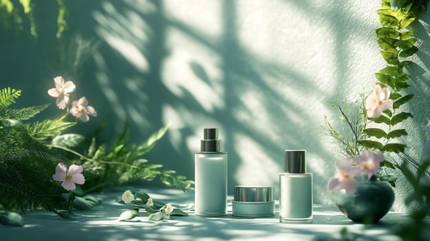 Skincare products displayed with plants and soft light. photo