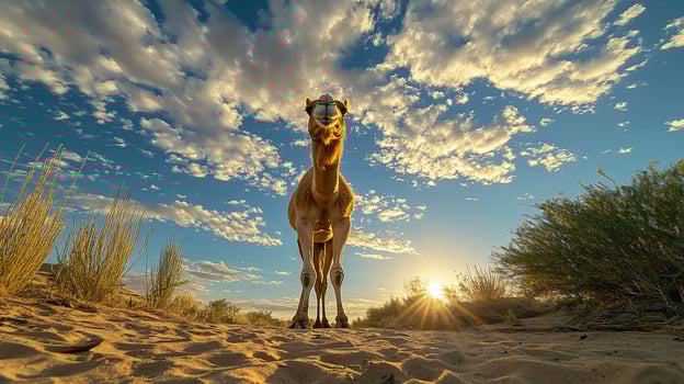 Lowangle view of a camel in a desert at sunset. photo