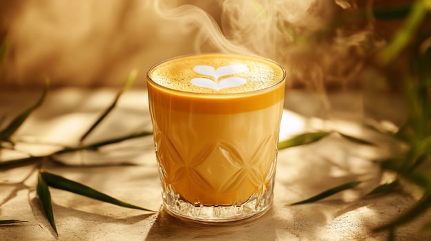 Steaming latte art in a cutglass tumbler. photo