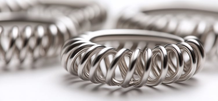 Closeup of metallic spiral coils, shiny and reflective, showing intricate detail and texture. photo