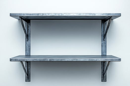 Empty metal shelf unit mounted on a white wall. photo