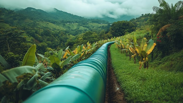 Lush green landscape with a long teal pipeline. photo
