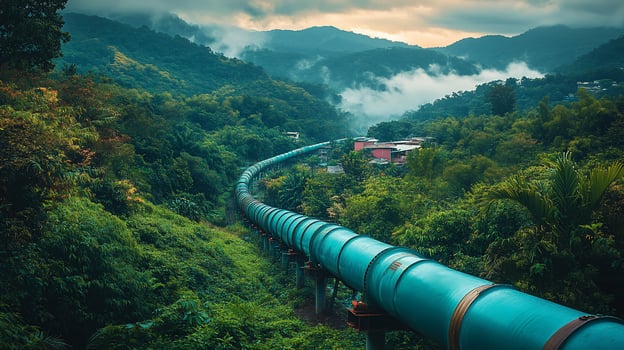 Long teal pipeline snakes through lush green mountain valley. photo