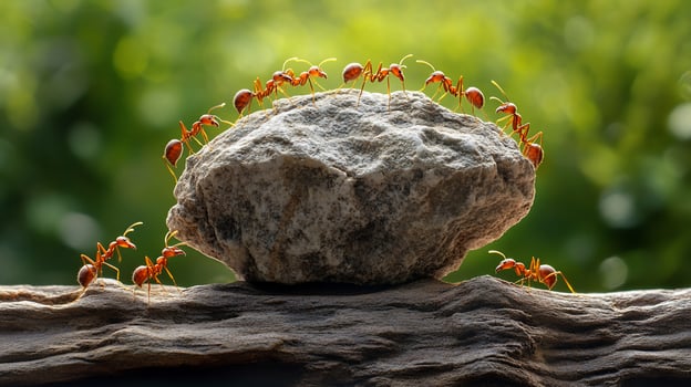 Ants cooperatively lifting a rock. photo