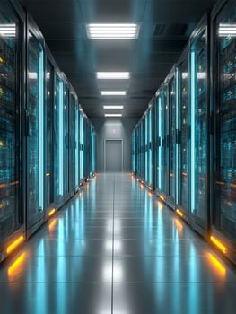 Server room maintaining network connectivity with data processing units photo