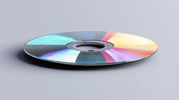 Closeup of a colorful data CD on a gray background. photo