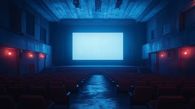 Empty, dimly lit movie theater with a blank screen. photo