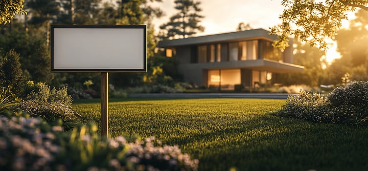 Blank signboard in front of a modern house lawn. photo