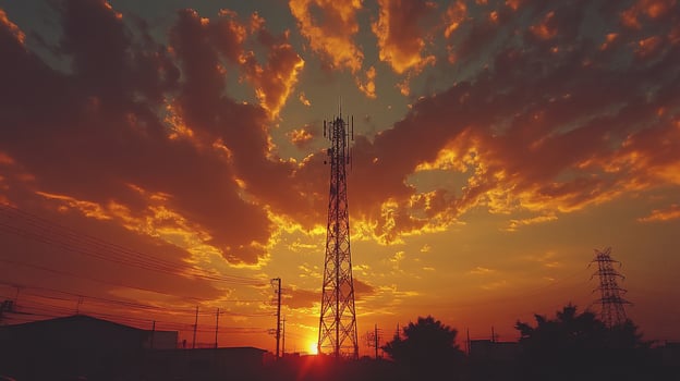 Fiery sunset behind telecommunication tower. photo