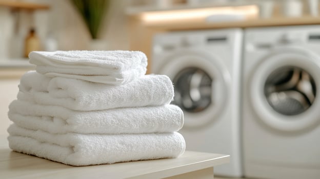 Stack of fresh white towels on table, laundry room background. photo
