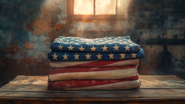 Stacked weathered American flags on rustic wood table, sunlit room. photo