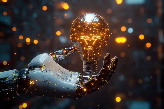 Robotic hand holding a glowing lightbulb, symbolizing innovation and technological advancement. photo