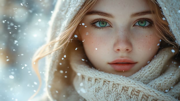Young woman with freckles and green eyes wearing a creamcolored hooded scarf in snowy weather. photo