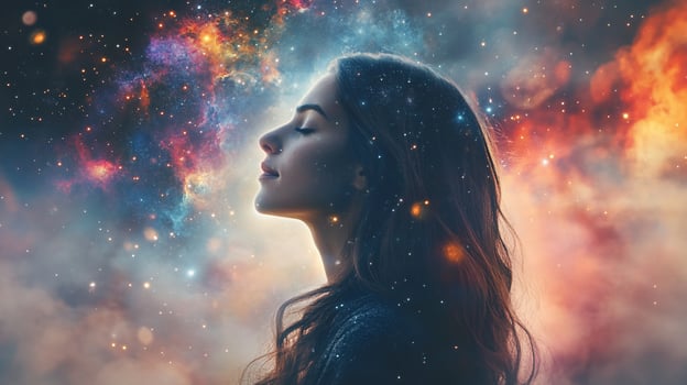 Woman's profile, eyes closed, cosmic nebula background. photo