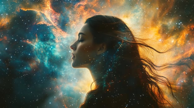 Woman's profile blended with cosmic nebula. photo