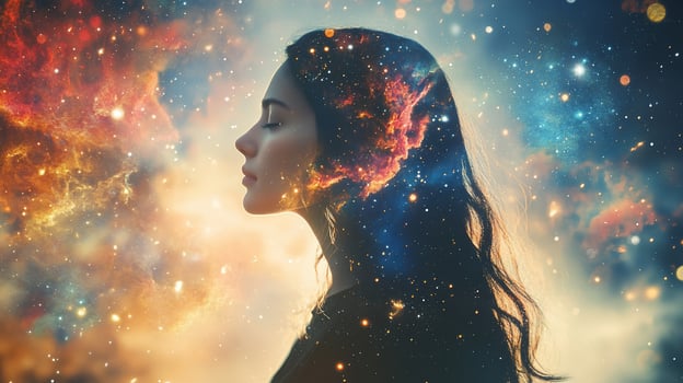 Woman's profile with cosmos inside her head. photo